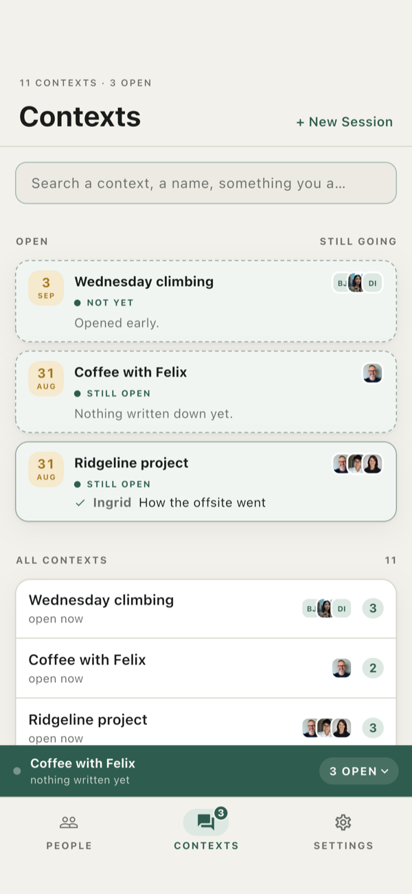 The Contexts screen: Wednesday climbing, Coffee with Felix and the Ridgeline project on top, with everything you are part of below.