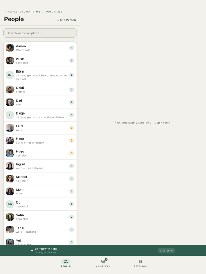 The People screen on iPad: the list beside a detail pane.