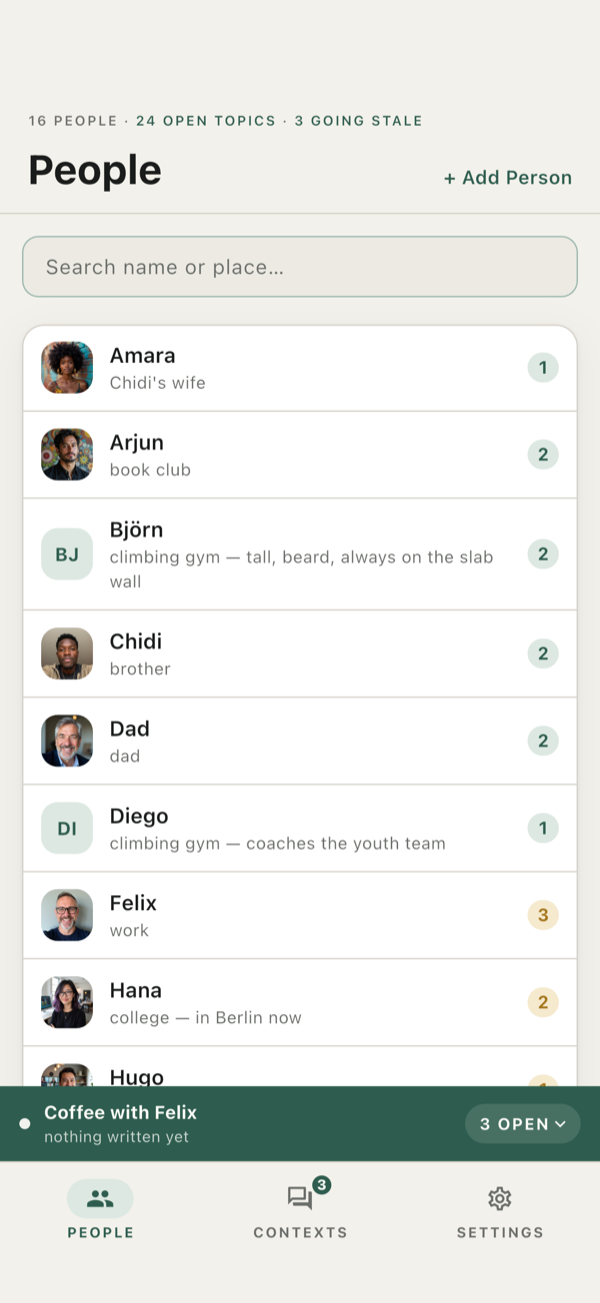 The People screen: everyone with how you know them — Chidi your brother, Felix from work, Björn from the climbing gym — each with a count of open questions.